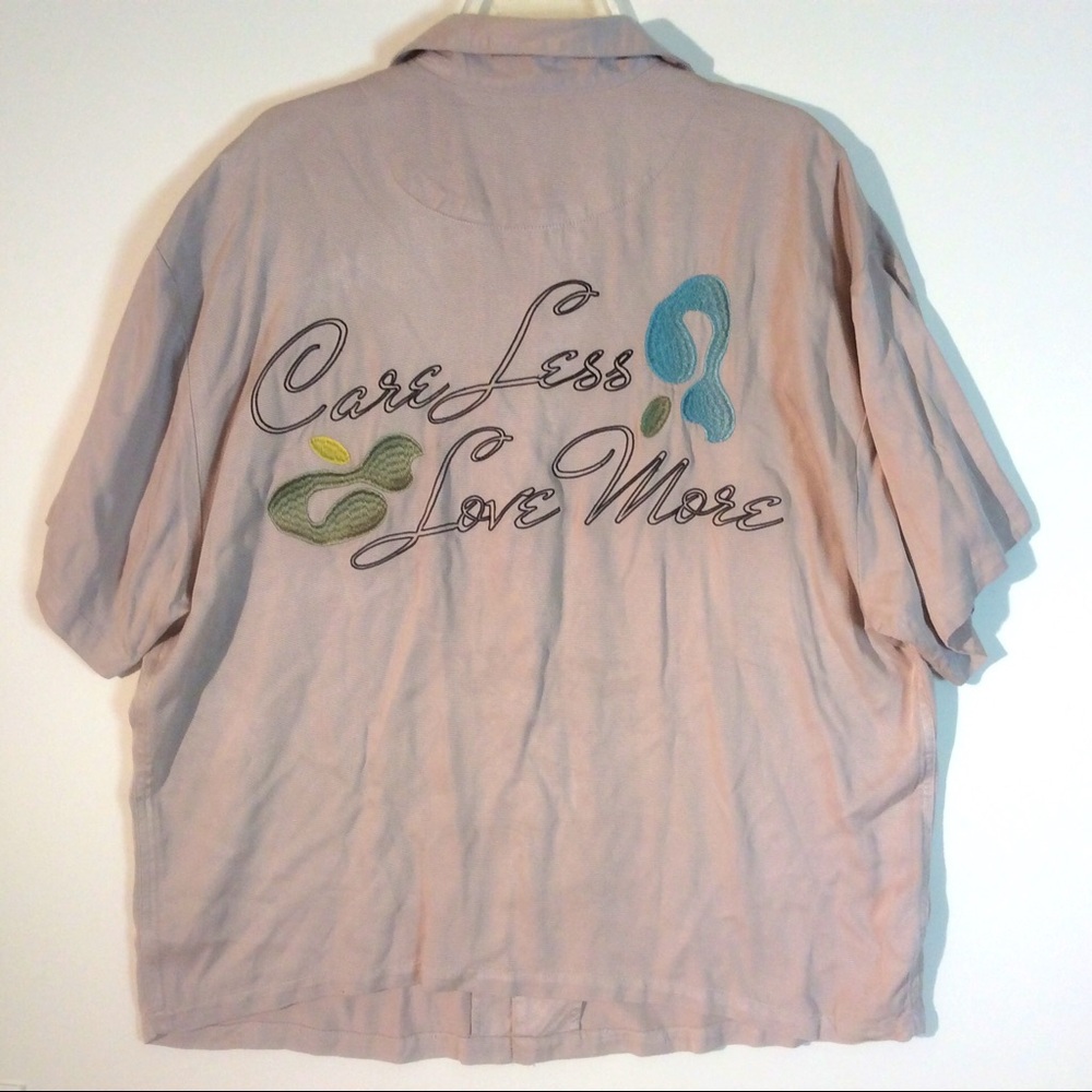 PacSun Care Less Love More Embroidered Shirt Tan Short Sleeve Button